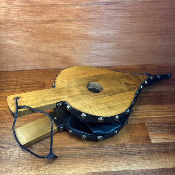 Vintage LEATHER & Wood BELLOW Fireplace Blower Fan Metal EAGLE emblem 14” Long - Picture 8 of 8
